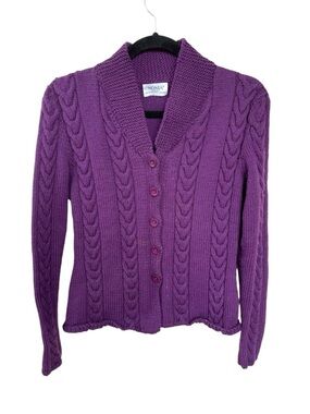 NONIA Wool Cable Knit Shawl Collar Cardigan Sweater Purple Small